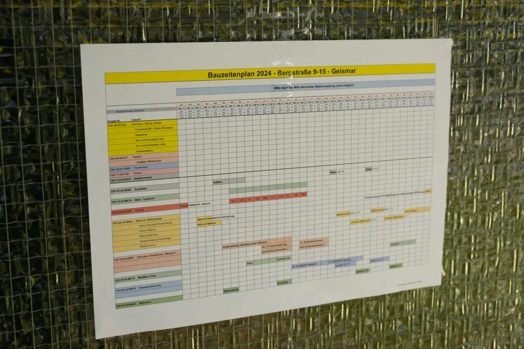 Bauzeitenplan 2024 für die Sanierung Bergstraße 9-15 in Geismar mit Gewerken und Terminübersicht