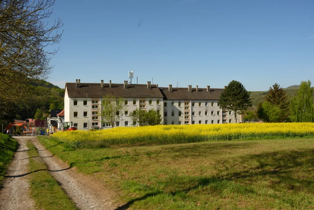 Wohnanlage der KOWO in der Bergstraße in Geismar, umgeben von einem Rapsfeld vor Sanierungsbeginn.