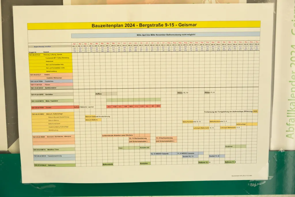 Bauzeitenplan zur Sanierung der Bergstraße 9-15 in Geismar mit Gewerken und Zeitachse der Baumaßnahmen