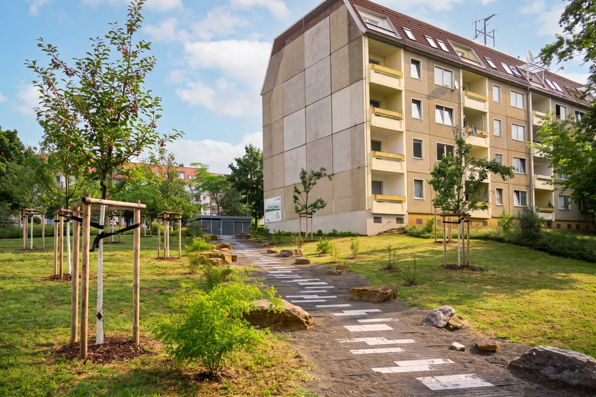 Neu gestaltete Grüne Mitte der KOWO Obereichsfeld mit Trittwegen, Findlingen und jungen Bäumen vor Wohnhaus.