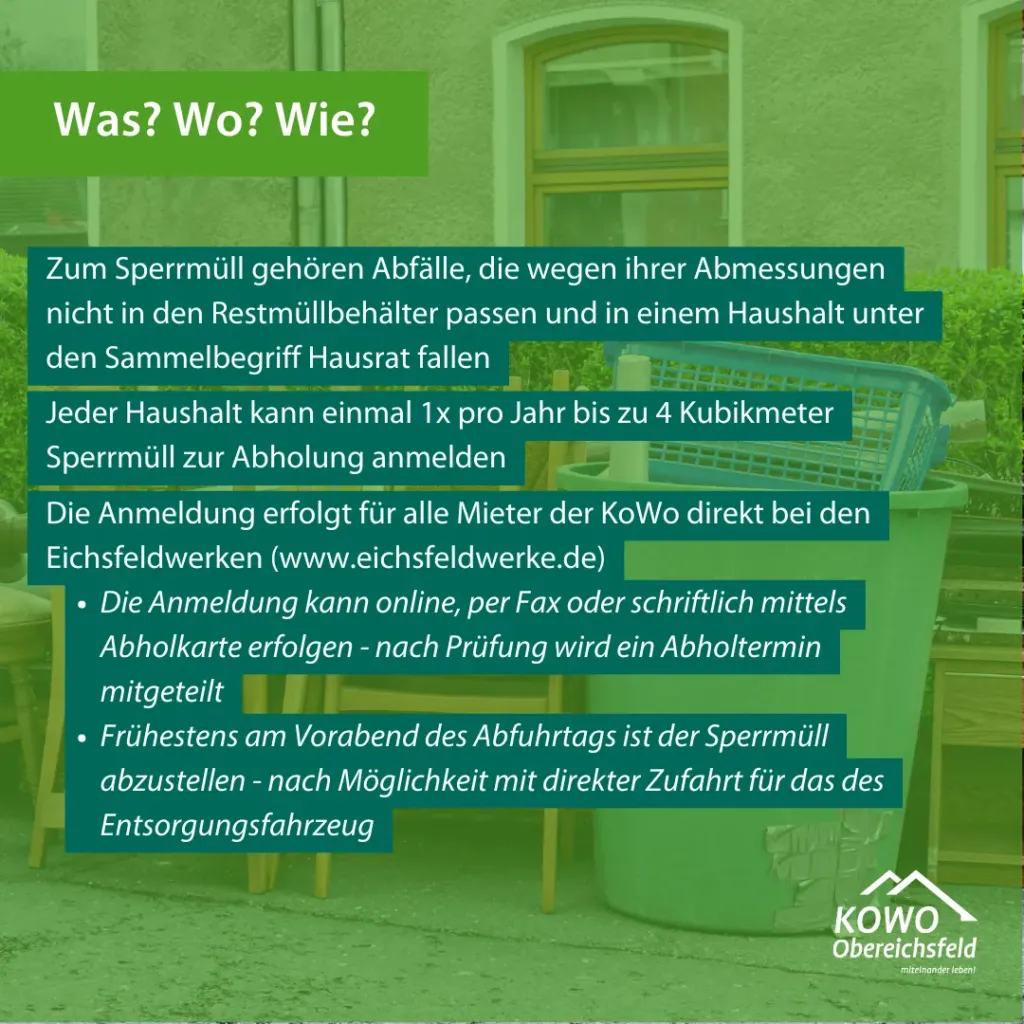Infografik der KOWO Obereichsfeld zur Sperrmüllentsorgung: Anmeldung über die Eichsfeldwerke, Menge und Ablauf erklärt