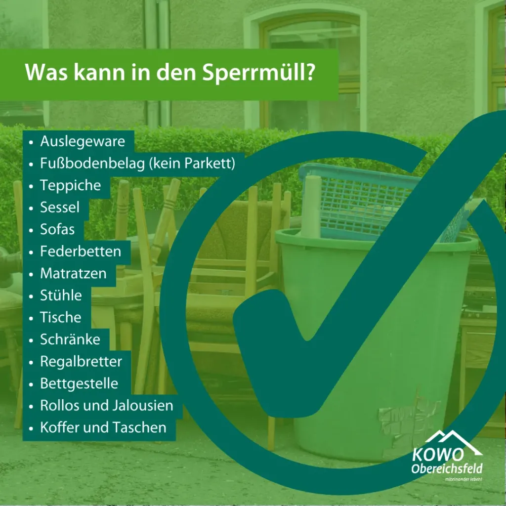 Infografik der KOWO Obereichsfeld: Liste erlaubter Sperrmüll-Gegenstände wie Möbel, Matratzen und Teppiche