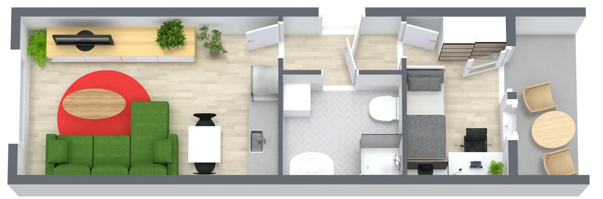 Grundriss einer sanierten Wohnung in der Rheda-Wiedenbrücker-Straße 32-34, EG bis 3. OG rechts, mit Wohnbereich, Küche, Bad und Schlafzimmer