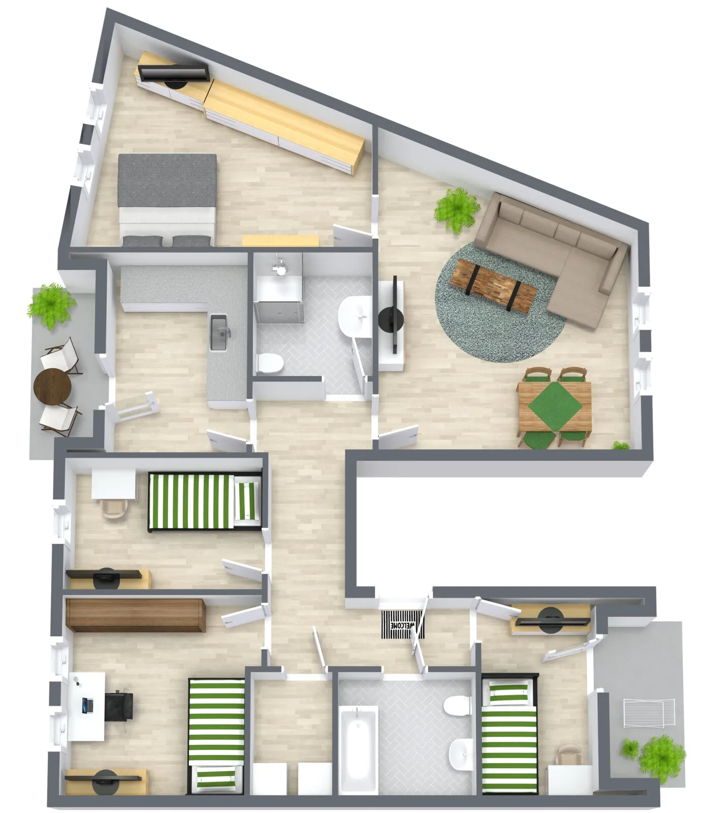 Grundriss Obergeschoss der sanierten Wohnung Rheda-Wiedenbrücker-Str. 32-34 mit Schlafzimmern, Bad und Wohnbereich