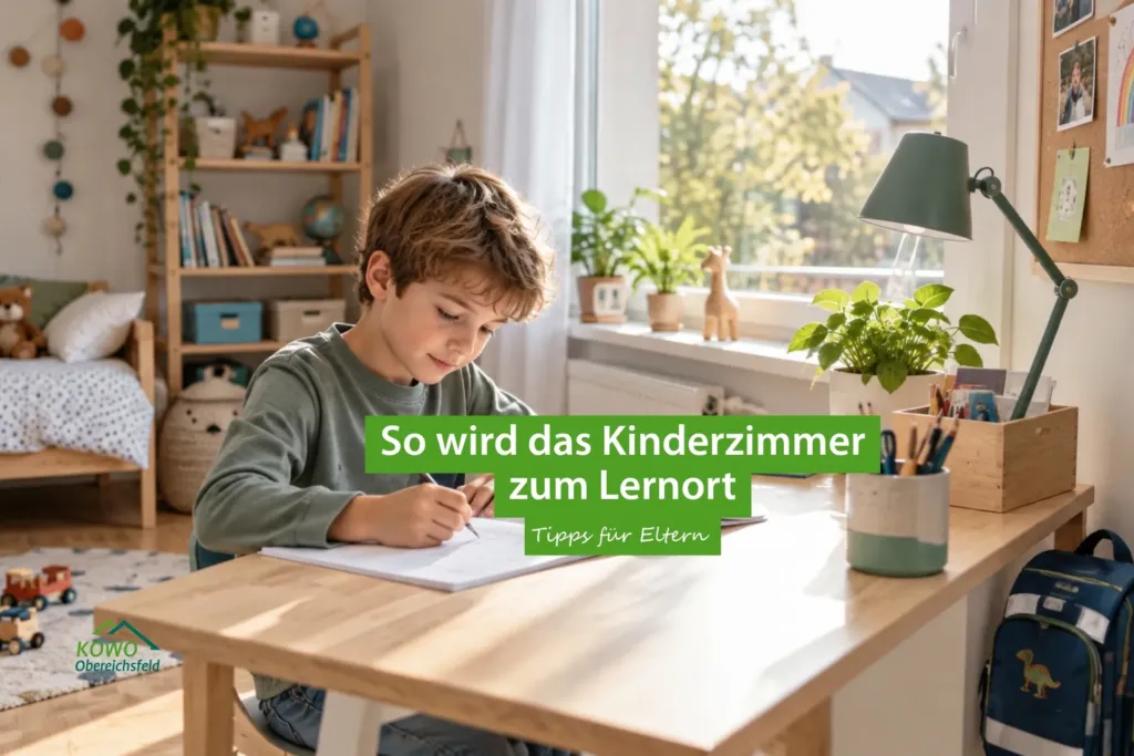 Junge lernt am Schreibtisch im Kinderzimmer – Tipps der KOWO Obereichsfeld für einen kindgerechten Lernort zuhause.