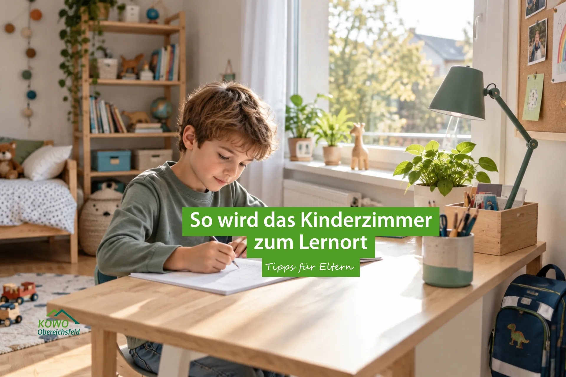 Junge lernt am Schreibtisch im Kinderzimmer – Tipps der KOWO Obereichsfeld für einen kindgerechten Lernort zuhause.