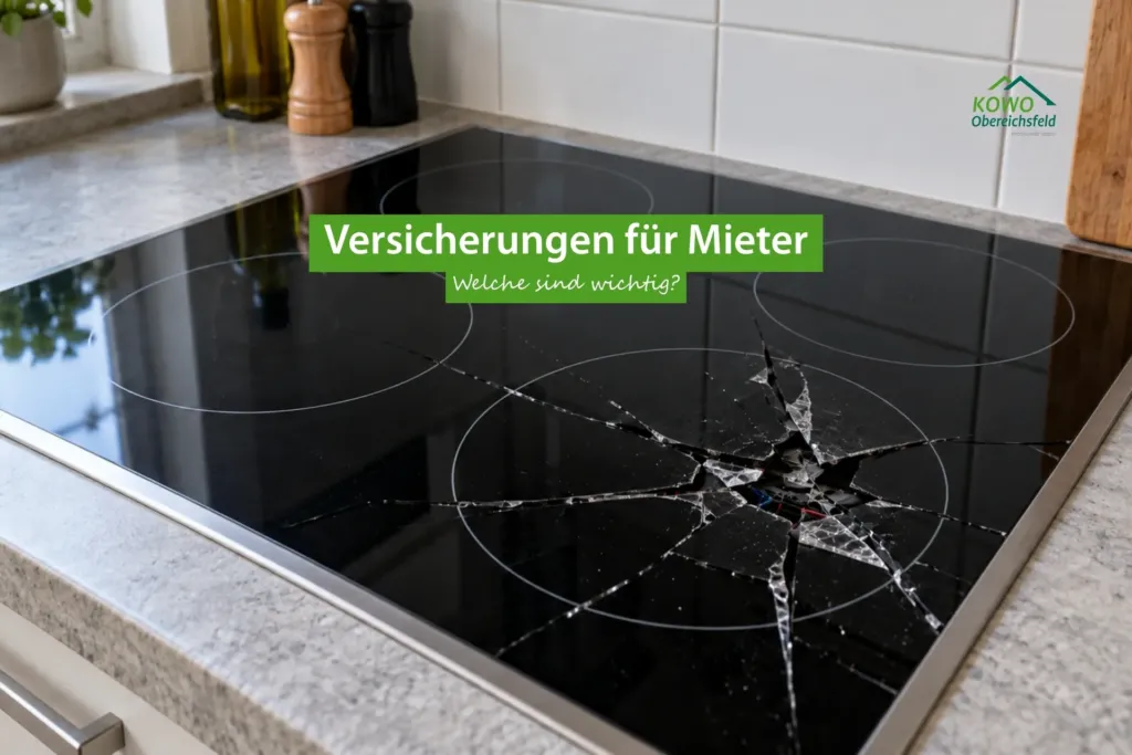 Induktionskochfeld mit zerbrochener Glasfläche, Banner: Versicherungen für Mieter – Welche sind wichtig? KOWO Obereichsfeld